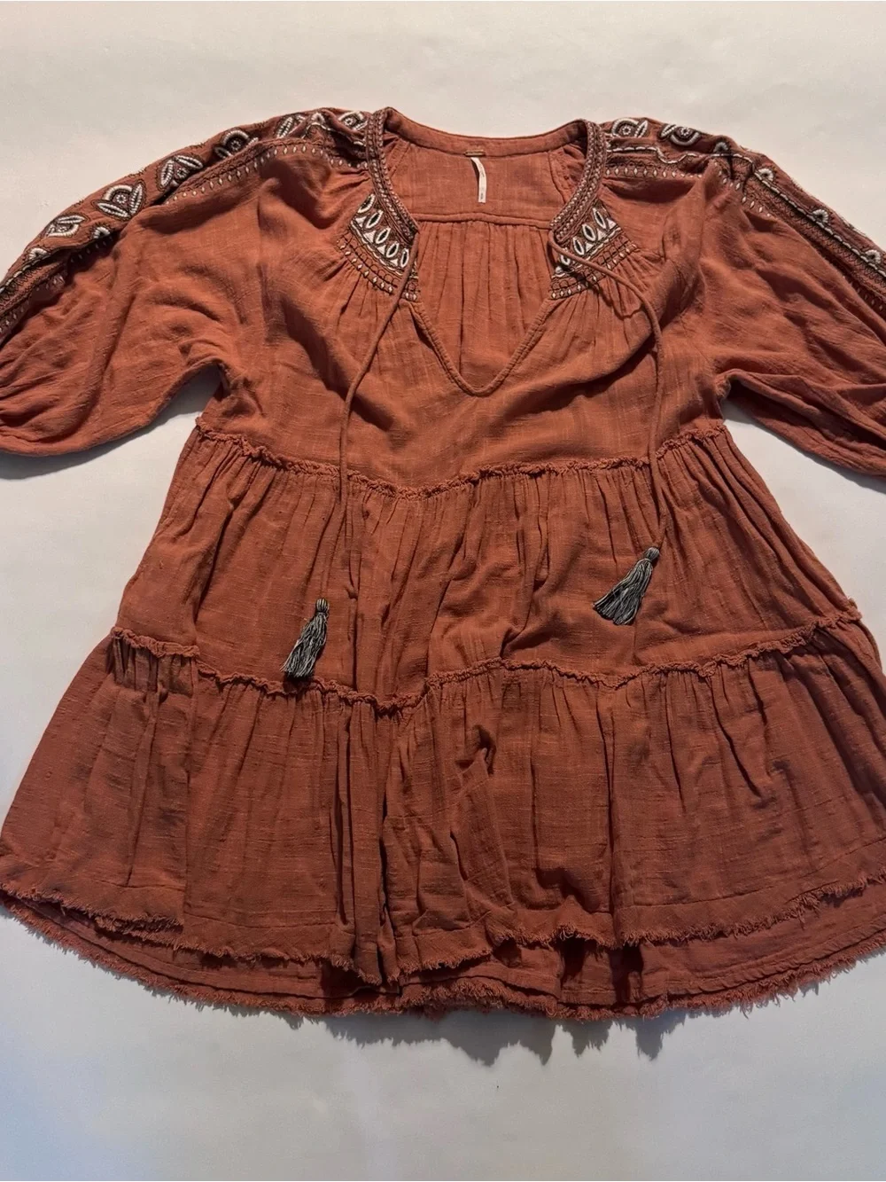 Free People Dreamweaver Embroidered Tunic Cotton Gauze Terracotta Boho Small